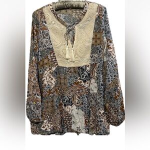 Mystree Top L  Paisley Boho Hippie Flowy Fairycore Tassels Peasant Shirt Blouse